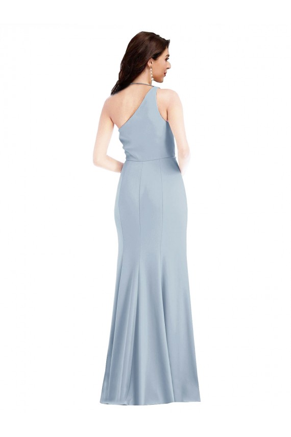 Purchase Long Sleeveless One Shoulder Trumpet Stretch Crepe Light Sky Blue Maxi Evening Dress Canada