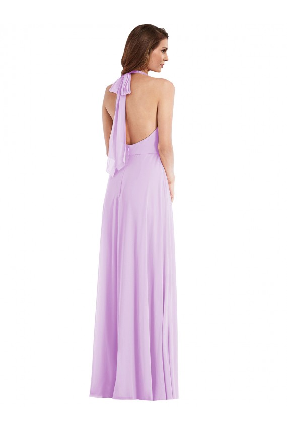 Purchase Long Sleeveless Halter Neck A-Line Soft Chiffon Lilac Maxi Evening Dress Canada