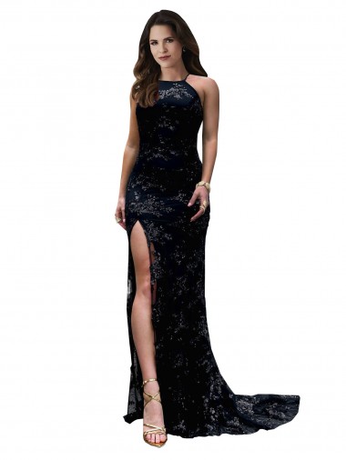 Purchase Long Sleeveless High Neck Mermaid Lace Black Sexy Evening Dress Canada