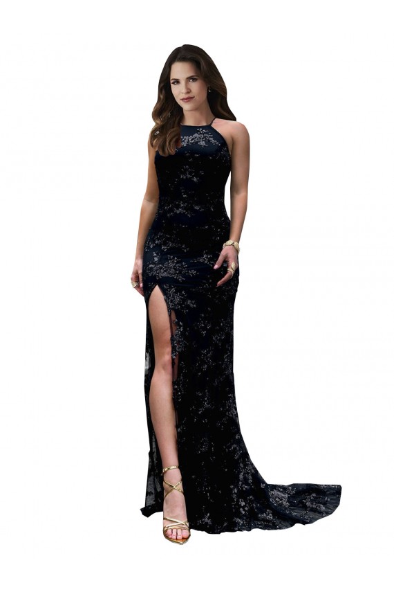 Purchase Long Sleeveless High Neck Mermaid Lace Black Sexy Evening Dress Canada