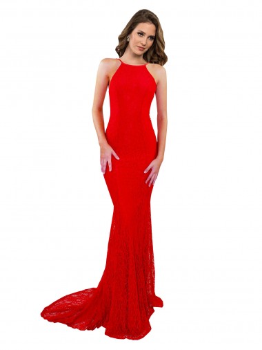 Purchase Long Sleeveless High Neck Mermaid Lace Red Sexy Evening Dress Canada