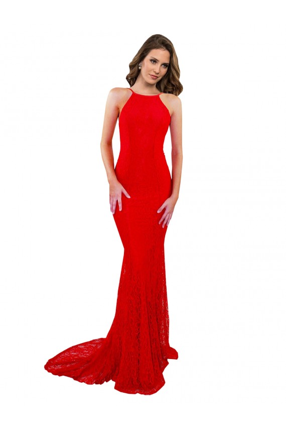 Purchase Long Sleeveless High Neck Mermaid Lace Red Sexy Evening Dress Canada