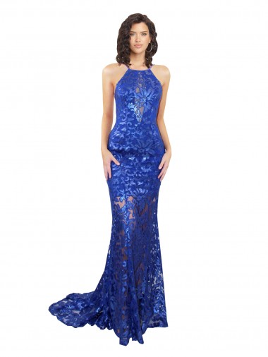Purchase Long Sleeveless High Neck Mermaid Lace Semi Formal Evening Dress Canada