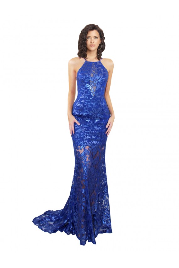 Purchase Long Sleeveless High Neck Mermaid Lace Semi Formal Evening Dress Canada