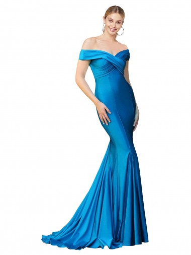 Purchase Long Sleeveless Off the Shoulder Mermaid Peacock Blue Satin Evening Dress Canada