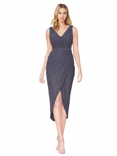 Purchase Cocktail Length Sleeveless V-Neck Mermaid Soft Chiffon Slate Grey Evening Dress Canada