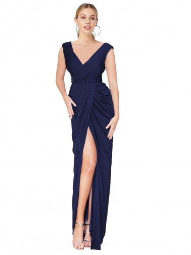 Purchase Long Sleeveless V-Neck Mermaid Soft Chiffon Dark Navy Sexy Evening Dress Canada