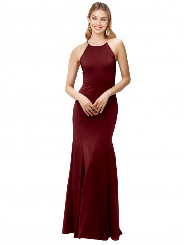 Purchase Long Sleeveless Halter Neck Mermaid Stretch Crepe Burgundy Gold Evening Dress Canada