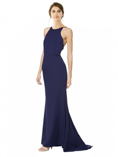 Purchase Long Sleeveless Halter Neck Mermaid Stretch Crepe Navy Blue Evening Dress Canada