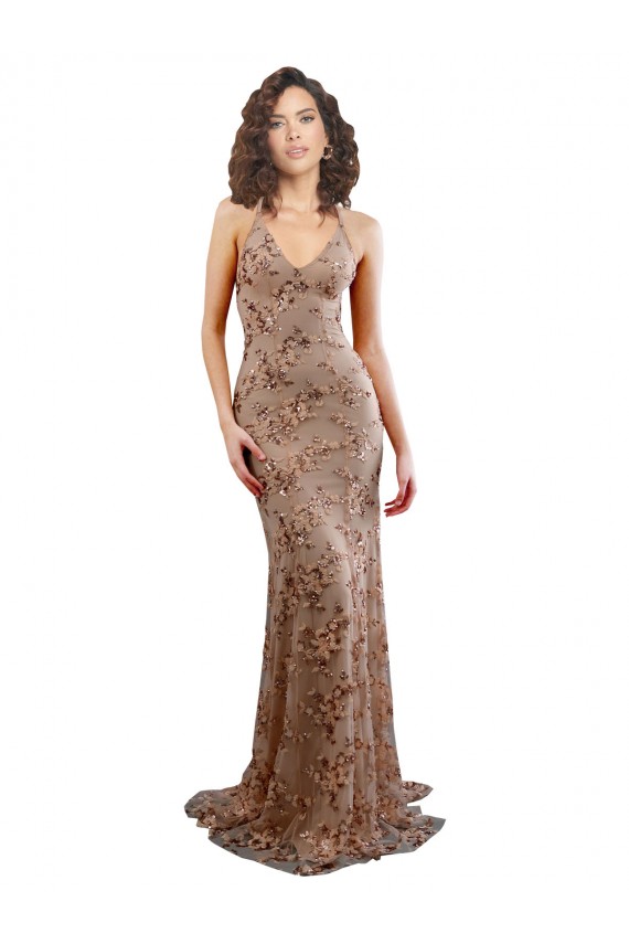 Purchase Long Sleeveless V-Neck Mermaid Stretch Crepe & Sequin Tulle Rose Gold Evening Dress Canada