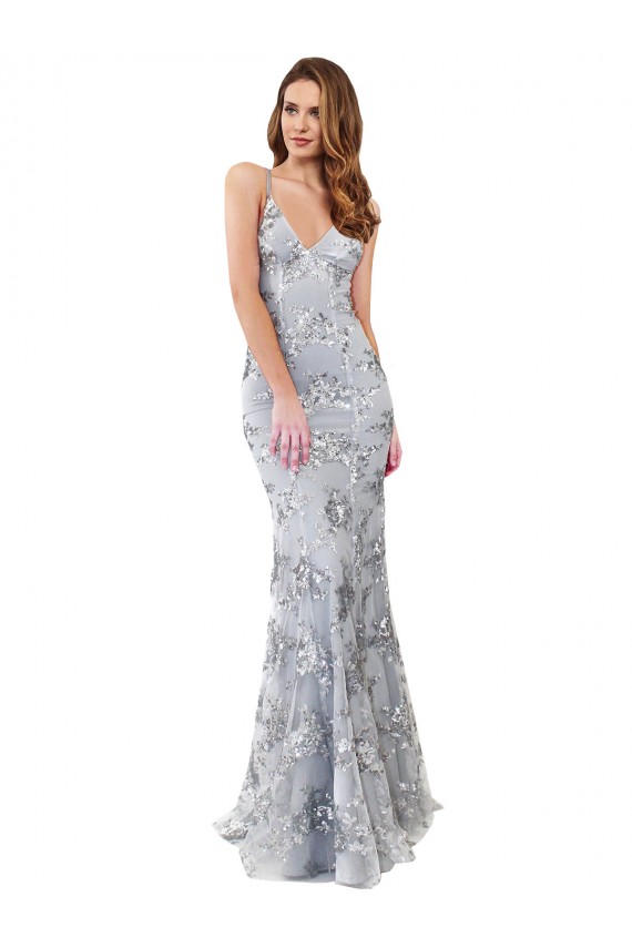 Purchase Long Sleeveless V-Neck Mermaid Stretch Crepe & Sequin Tulle Silver Evening Dress Canada