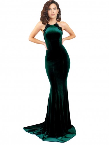 Purchase Sweep Train Sleeveless High Neck Mermaid Stretch Velvet Evening Dress Canada