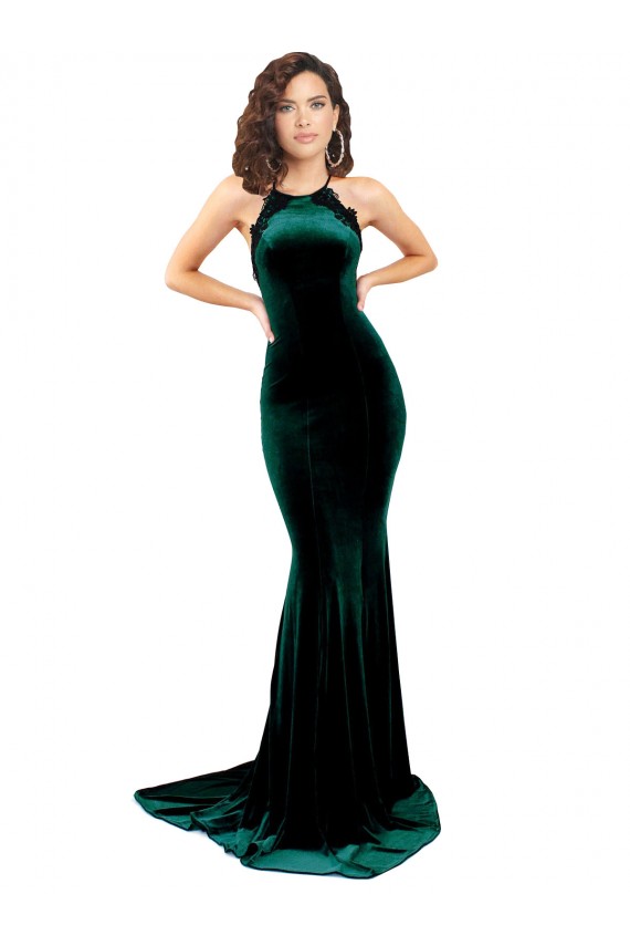 Purchase Sweep Train Sleeveless High Neck Mermaid Stretch Velvet Evening Dress Canada