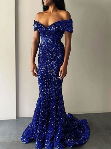 Purchase Long Sweep Train Sleeveless Off the Shoulder Mermaid Velvet Sequin Evening Dress Canada