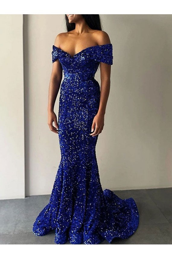 Purchase Long Sweep Train Sleeveless Off the Shoulder Mermaid Velvet Sequin Evening Dress Canada