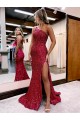 Purchase Sweep Train Long Sleeveless One Shoulder Mermaid Velvet Sequin Evening Dress Canada