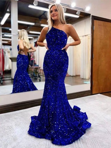 Purchase Sweep Train Sleeveless One Shoulder Mermaid Velvet Sequin Evening Dress Canada