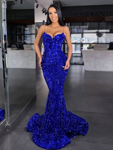 Purchase Sweep Train Sleeveless Spaghetti Straps Mermaid Velvet Sequin Evening Dresses Canada