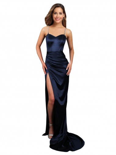 Purchase Long Sleeveless Sweetheart Mermaid Dark Navy Stretch Satin Sexy Evening Dress Canada