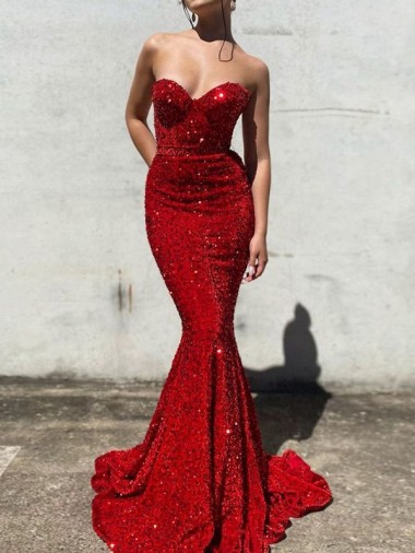 Purchase Court Train Long Sleeveless Sweetheart Mermaid Velvet Sequin Evening Dress Canada