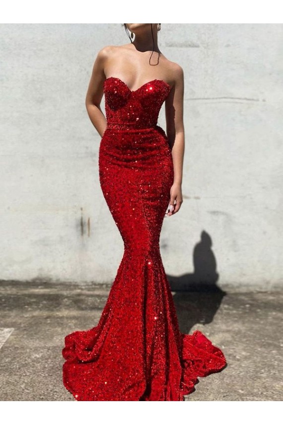 Purchase Court Train Long Sleeveless Sweetheart Mermaid Velvet Sequin Evening Dress Canada