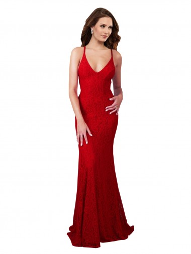 Purchase Long Sleeveless V-Neck Mermaid Lace Red Evening Dress Canada