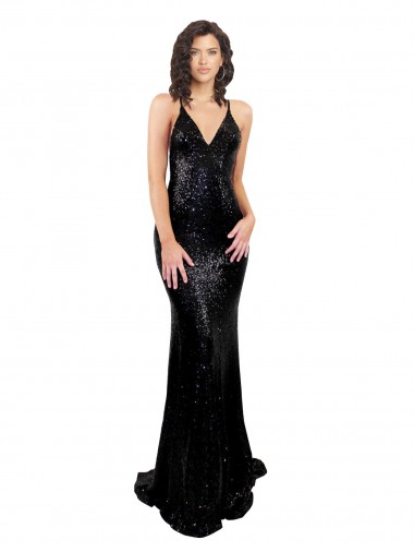 Purchase Long Sleeveless V-Neck Mermaid Sequin Black Sexy Evening Dress Canada
