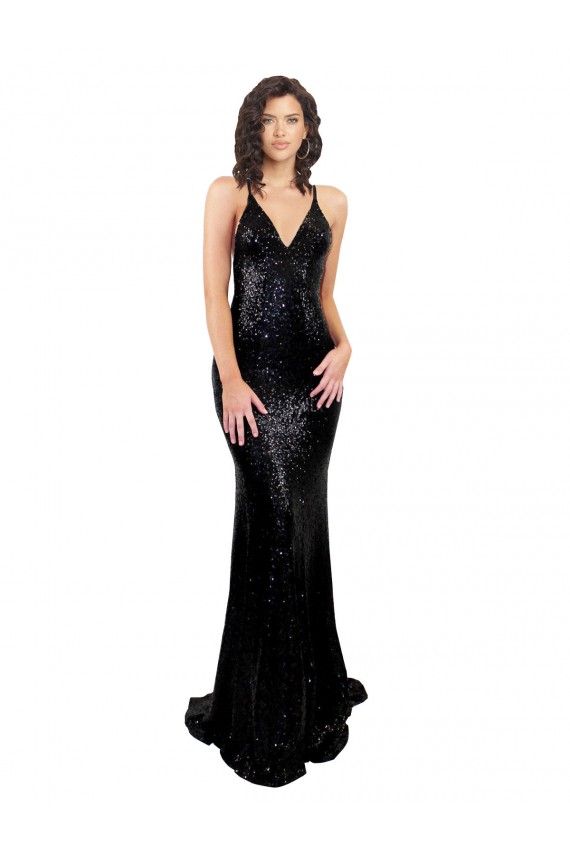 Purchase Long Sleeveless V-Neck Mermaid Sequin Black Sexy Evening Dress Canada