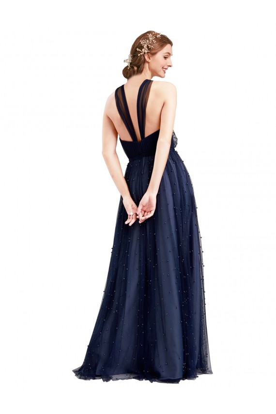 Purchase Long Sleeveless Halter Neck A-Line Tulle Semi Formal Evening Dress Canada