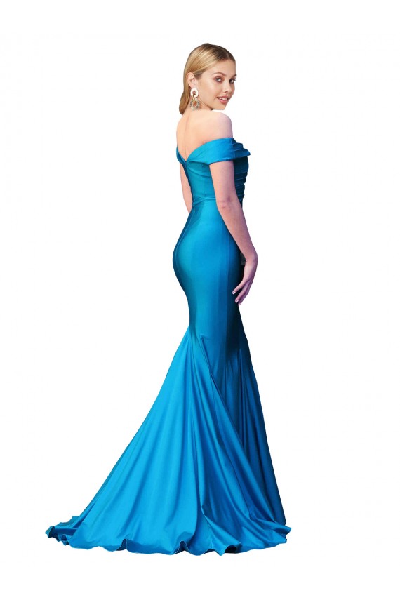 Purchase Long Sleeveless Off the Shoulder Mermaid Peacock Blue Satin Evening Dress Canada
