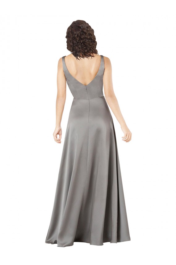 Purchase Long Sleeveless V-Neck A-Line Silky Satin Pearl Grey Evening Dress Canada