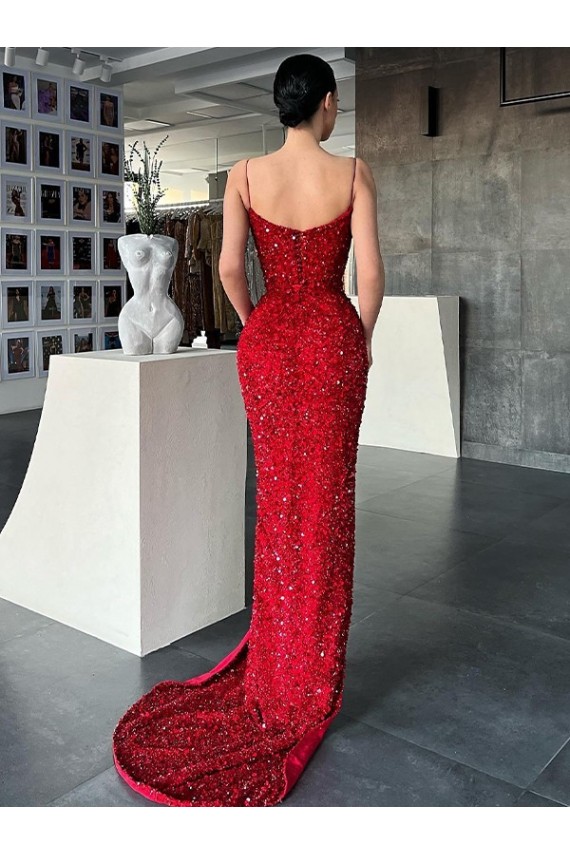 Purchase Sweep Train Sleeveless V-Neck Sheath Velvet Sequin Long Evening Dress Canada