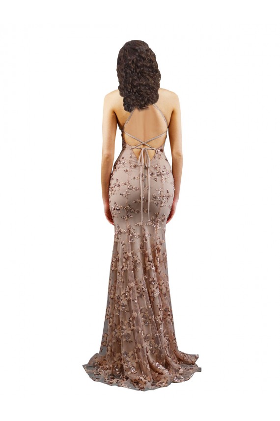 Purchase Long Sleeveless V-Neck Mermaid Stretch Crepe & Sequin Tulle Rose Gold Evening Dress Canada