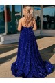 Purchase Sweep Train Sleeveless One Shoulder A-Line Velvet Sequin Evening Dress Canada