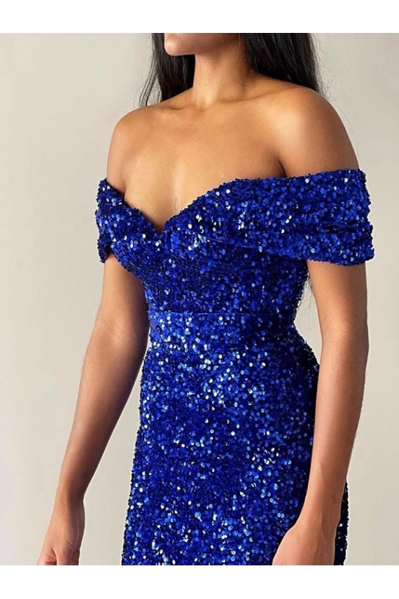Purchase Long Sweep Train Sleeveless Off the Shoulder Mermaid Velvet Sequin Evening Dress Canada