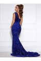 Purchase Court Train Sleeveless One Shoulder Mermaid Velvet Sequin Long Evening Dress Canada