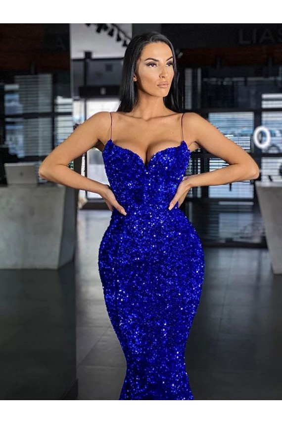 Purchase Sweep Train Sleeveless Spaghetti Straps Mermaid Velvet Sequin Evening Dresses Canada