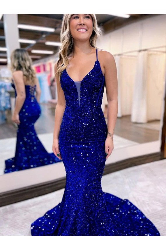 Purchase Court Train Sleeveless V-Neck Mermaid Velvet Sequin Evening Dress Canada