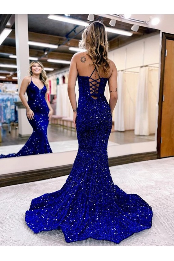 Purchase Court Train Sleeveless V-Neck Mermaid Velvet Sequin Evening Dress Canada