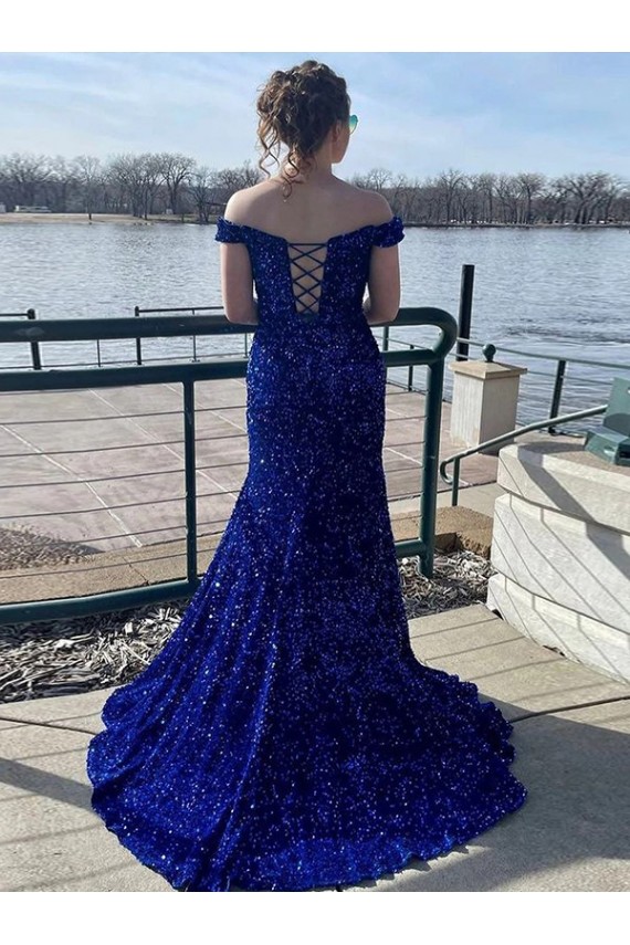 Purchase Sweep Train Sleeveless Off the Shoulder Sheath Velvet Sequin Evening Dress Canada