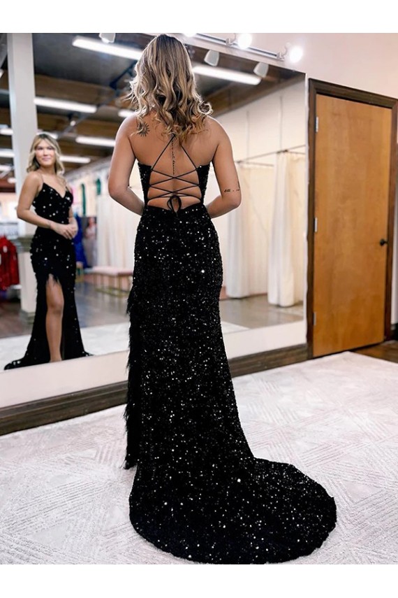 Purchase Sweep Train Sleeveless V-Neck Sheath Velvet Sequin Sexy Evening Dress Canada