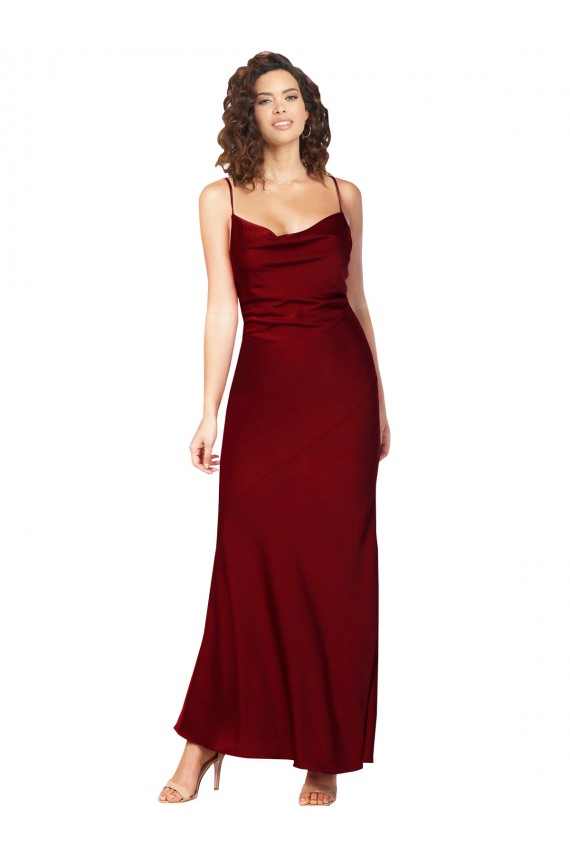 Purchase Long Sleeveless Cowl Neck Sheath Silky Satin Low Back Evening Dress Canada