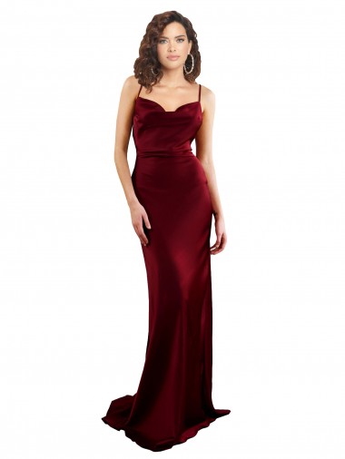 Purchase Long Sleeveless Cowl Neck Sheath Silky Satin Burgundy Evening Dress Canada