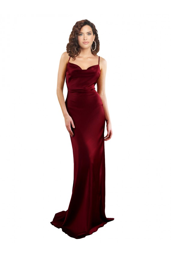 Purchase Long Sleeveless Cowl Neck Sheath Silky Satin Burgundy Evening Dress Canada