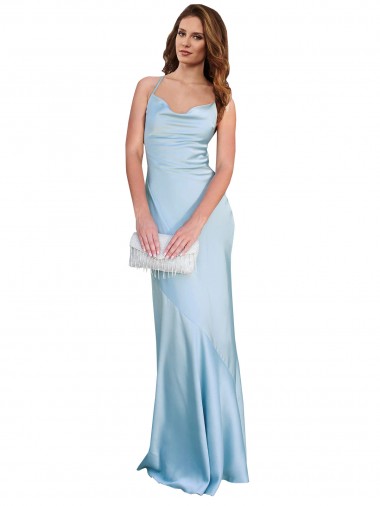 Purchase Long Sleeveless Cowl Neck Sheath Silky Satin Light Sky Blue Evening Dress Canada