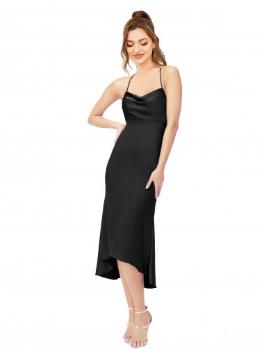 Purchase Midi Length Sleeveless Cowl Neck Sheath Silky Satin Black Sexy Evening Dress Canada
