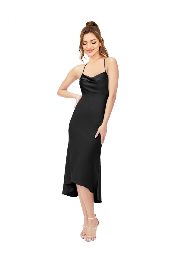 Purchase Midi Length Sleeveless Cowl Neck Sheath Silky Satin Black Sexy Evening Dress Canada