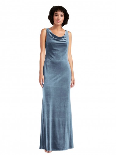 Purchase Long Sleeveless Cowl Neck Sheath Stretch Velvet Dusty Blue Maxi Evening Dress Canada
