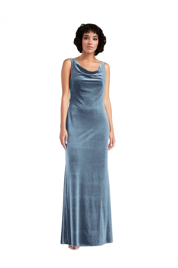 Purchase Long Sleeveless Cowl Neck Sheath Stretch Velvet Dusty Blue Maxi Evening Dress Canada