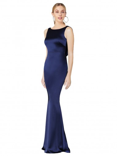 Purchase Long Sleeveless Halter Neck Sheath Stretch Satin Dark Navy Evening Dress Canada